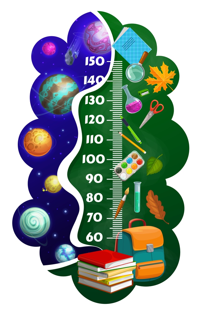 Kids height chart ruler, cartoon space planets, school stationery, textbooks, and schoolbag. Growth meter, vector wall sticker for children height measurement with scale and learning student supplies. Kids height chart ruler, cartoon space planets
