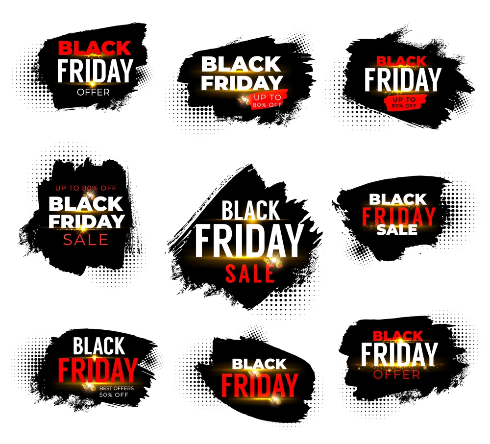 Black friday sale banners, weekend shop offer and promo labels with halftone. Isolated grunge vector emblems with black rough scratched edges and dotted half tone pattern. Grungy dirty promotional set. Black friday sale banners, weekend shop offer