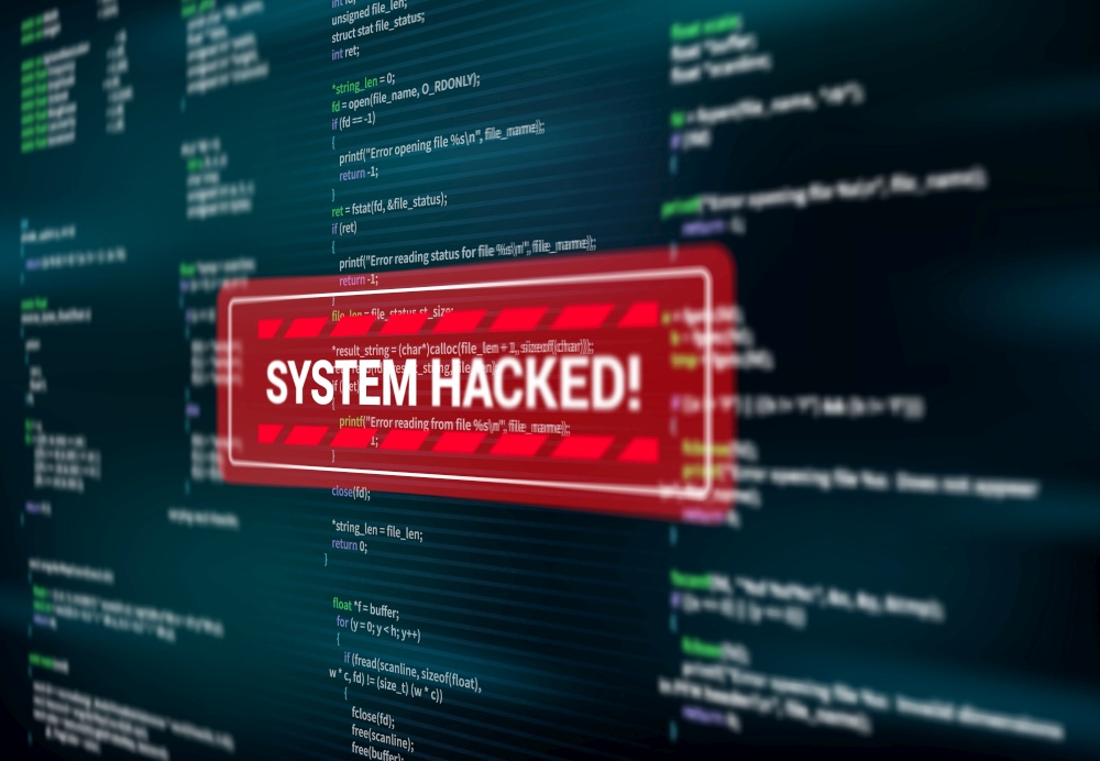 System hacked, warning alert message on screen of hacking attack, vector. Spyware or malware virus detected warning red message window on computer display, internet cyber security and data fraud. System hacked, warning alert message on screen