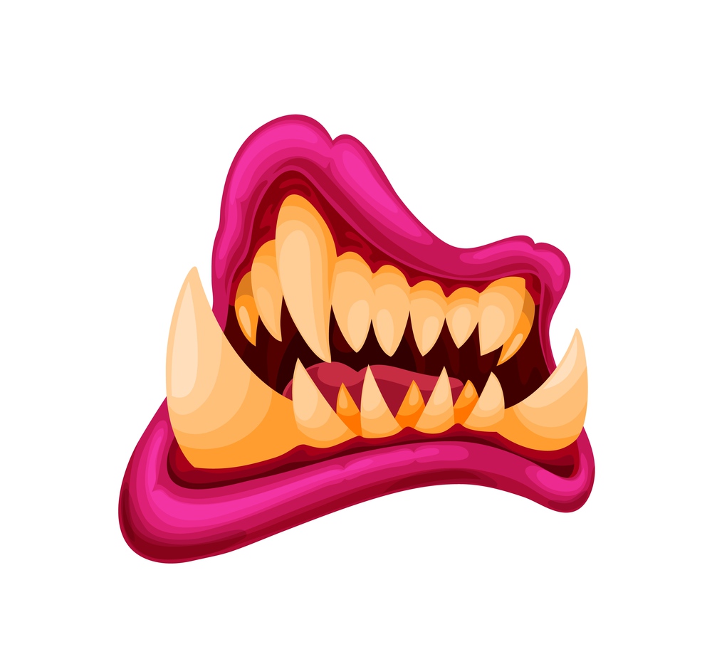 Danger monster jaws with mouth and old yellow teeth. Vector lips, tongue and fangs of screaming or laughing vampire, scary demon or devil, horror beast, zombie, troll or creepy goblin mutant. Danger monster jaws, mouth and old yellow teeth