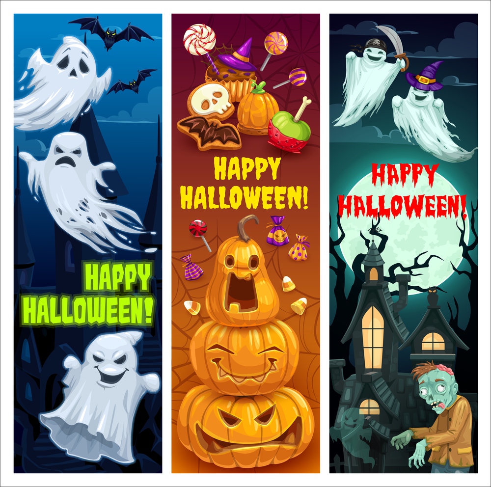 Happy Halloween cartoon vector banners. Ghosts in witch in purple hat holding sword , Jack-o-lantern pumpkins and spooky zombie at haunted creepy castle or cemetery at night. Trick or treat sweets. Happy Halloween party cartoon vector banners set