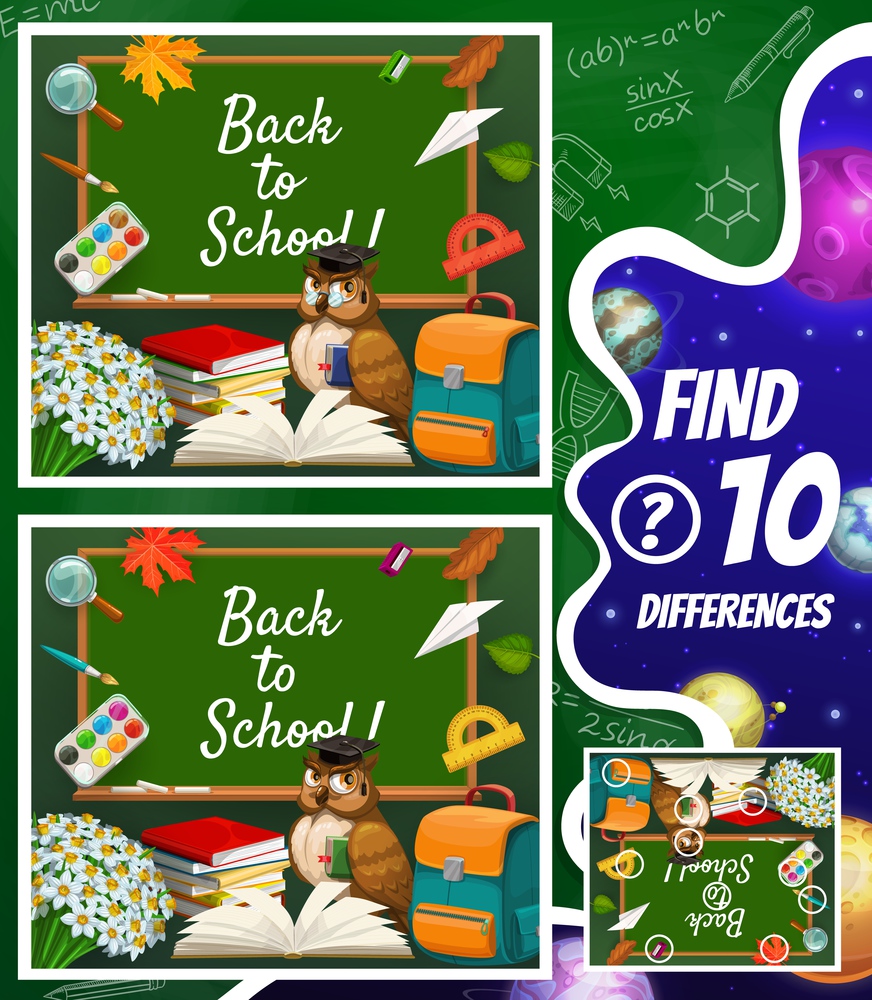 Find differences maze, cartoon space planets, schoolbag, blackboard, owl and school stationery. Vector kids game with educational items and funny teacher owlet character. Children riddle test, teaser. Find differences maze, cartoon space planets.