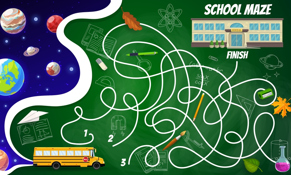 Labyrinth maze space planets and stars, school building, bus, stationery and science formulas. Kids board game, vector riddle with tangled path, start, finish, cartoon and sketch learing items. Labyrinth maze space planets, stars and school