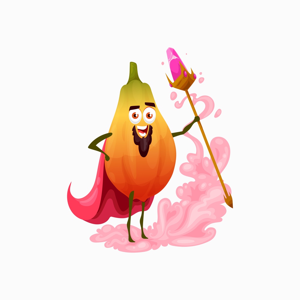 Papaya magician fruit wizard with magic crook in cape isolated cartoon character. Vector smiling emoticon fairy sorcerer, kids children asian pawpaw. Funny exotic food with beard and mustaches on face. Magician papaya fruit food isolated exotic wizard