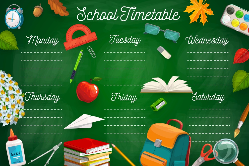 Education timetable with school stationery, schoolbag, textbooks and autumn leaves. Vector class schedule template with cartoon learning items. Kids time table for lessons, weekly planner for student. Education timetable school stationery, schoolbag