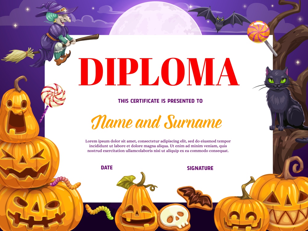 Child diploma or certificate with cartoon Halloween pumpkins. Children kindergarten diploma, kids competition award. Halloween jack-o-lanterns, flying on broom witch and black cat, candy treats. Child diploma, certificate with Halloween pumpkins