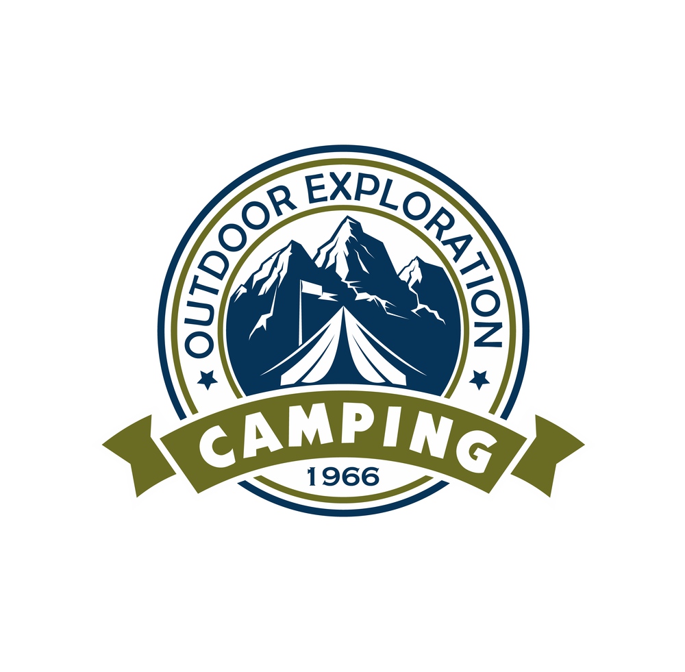 Mountain camping icon with tourist tent and camp flag, mountain range, peaks and river nature landscape. Outdoor adventure isolated round vector icon with ribbon, travel, tourism or scout club. Mountain camping icon, tourist tent and camp flag