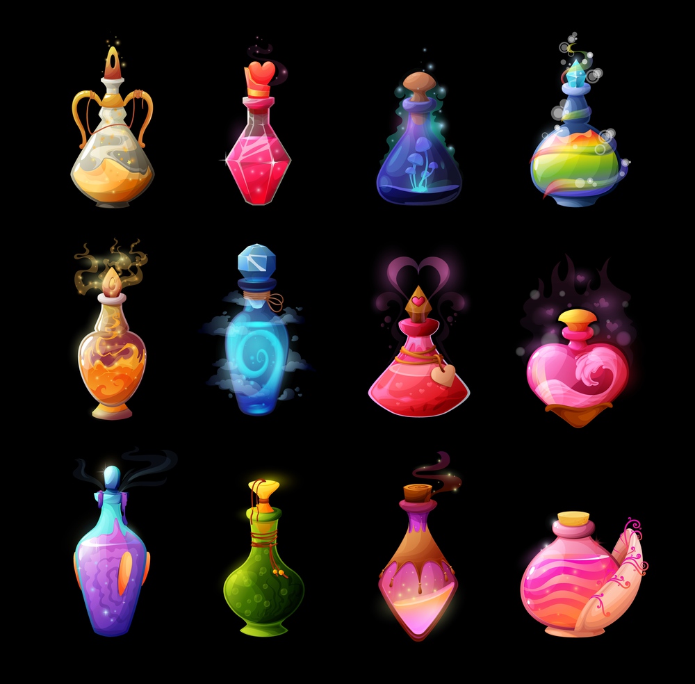 Cartoon potion bottles. Love elixir, magic spell or poison in glass bubble. Witch, sorcerer or wizard potion, fairy drink, flask with mysterious, glowing and boiling liquid, mushroom, heart and smoke. Magic potions, fantasy elixirs in glass bottles