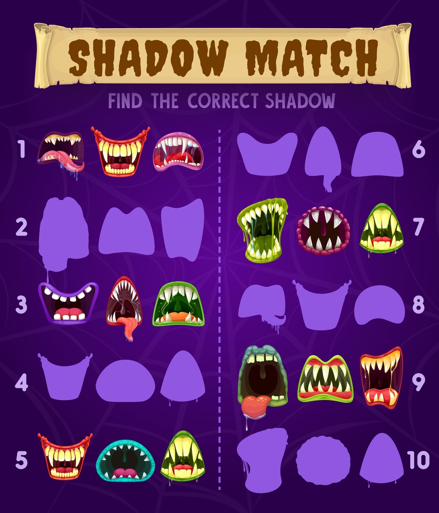 Shadow game find and match correct puzzle, vector activity riddle for children. Shadow match kids game with Halloween cartoon monsters mouth, visual logic quiz with fang teeth and tongues. Shadow match game, find correct puzzle, kid riddle