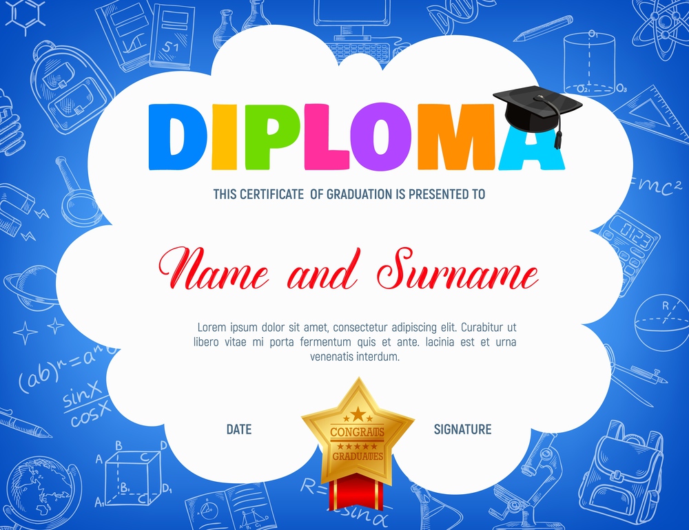 Education diploma with student cap, maths, physics, chemistry formulas and school items in sketch. Vector certificate with cartoon award star. Kids students graduation frame template with engraving. Education diploma with student cap, maths formulas