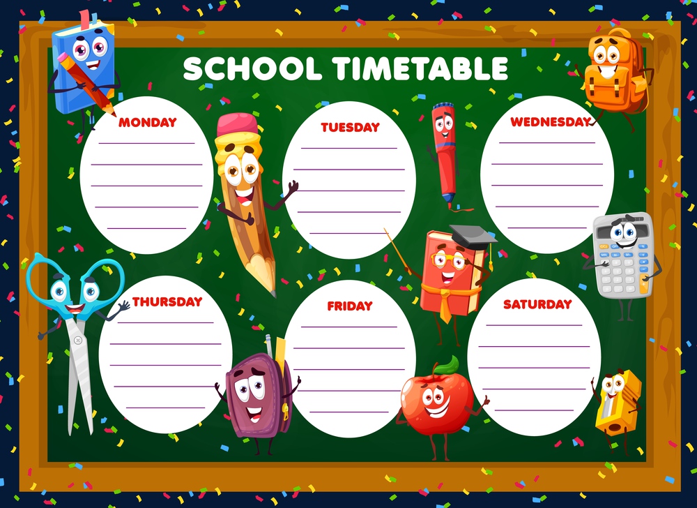 Education timetable schedule with cartoon school stationery characters. Vector weekly classes planner with funny schoolbag, textbook and pencil learning items. Kids lessons time table for students. Education timetable schedule with stationery.