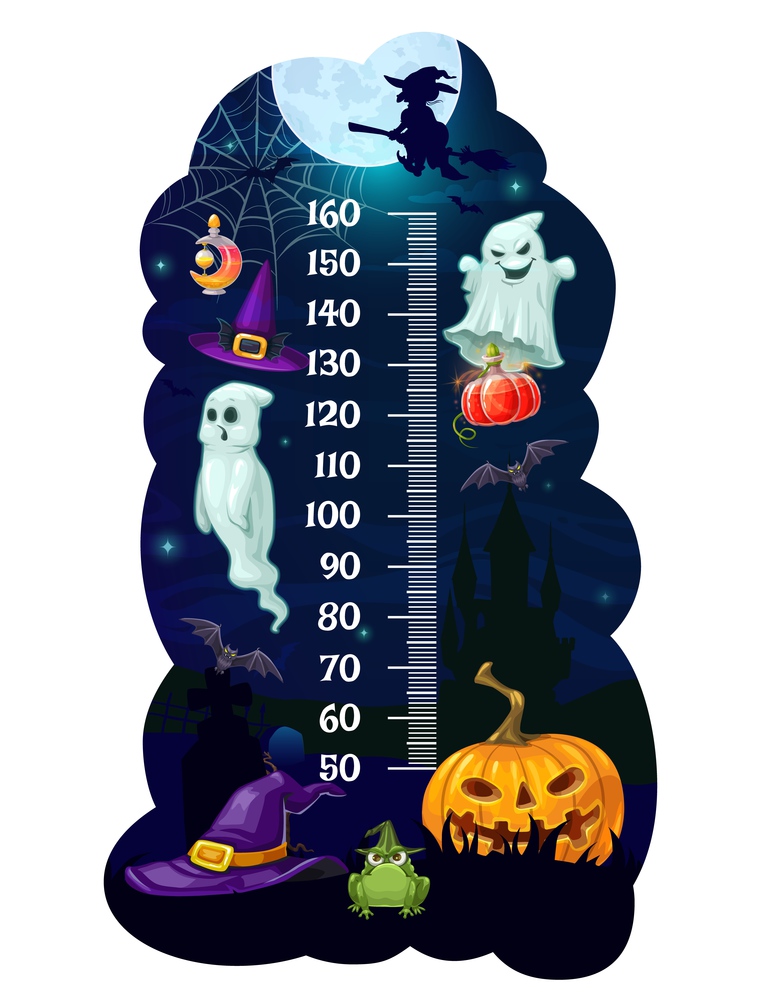 Kids height chart Halloween monsters growth measure meter. Cartoon vector wall sticker with wizard hat, ghosts, witch on broom and pumpkin with bat or cauldron. Children height measurement scale. Kids height chart Halloween monsters growth meter