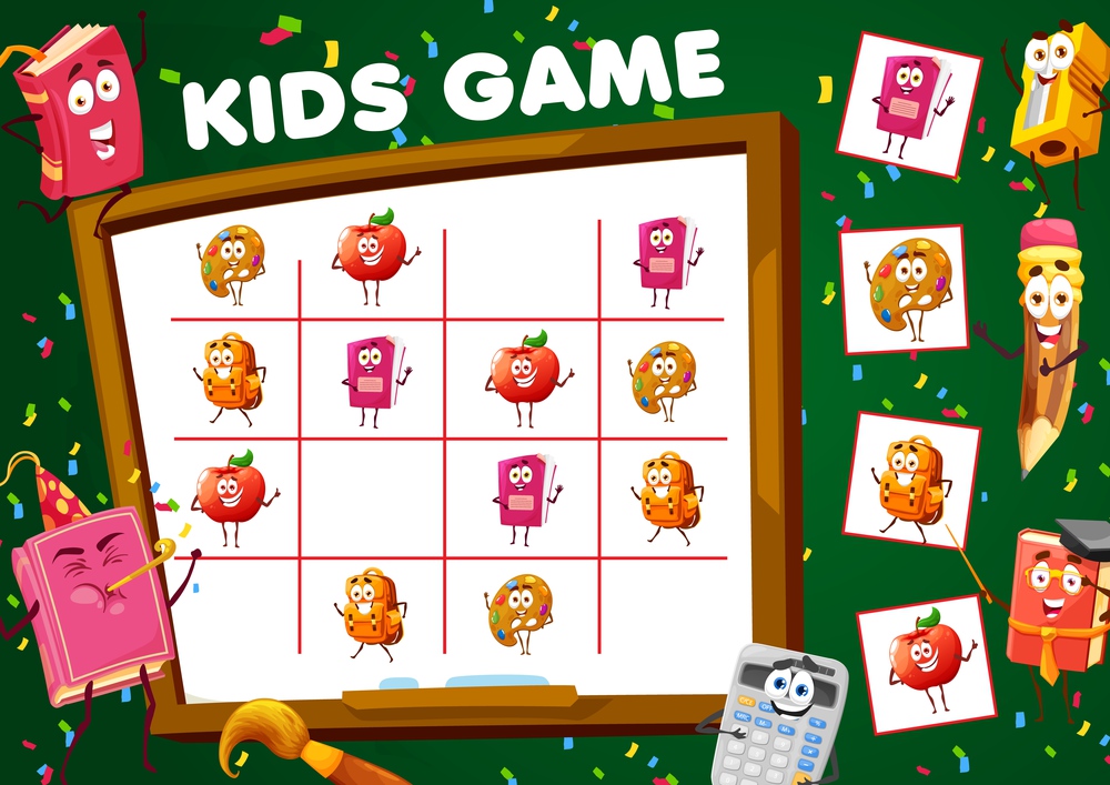 Sudoku game with school stationery cartoon characters. Kids vector riddle worksheet with funny apple, palette, backpack and textbook personages on chequered board. Educational task, child boardgame. Sudoku game with school stationery characters
