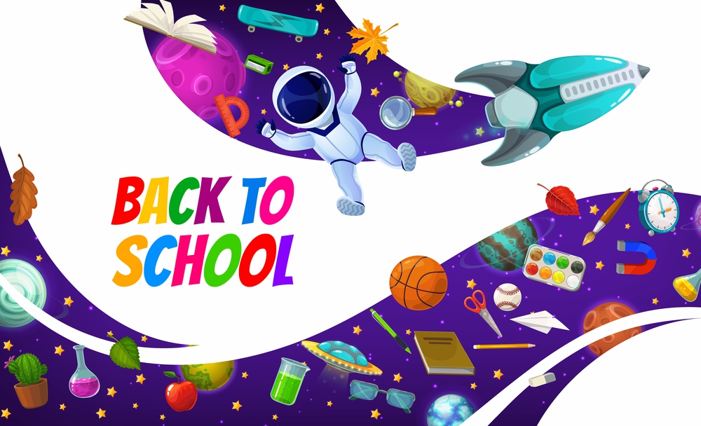 Education poster with cartoon space rocket, planets, astronaut and school items. Vector galaxy world with cosmonaut, spaceship and stationery in starry cosmos sky, astronomy science, back to school. Education school poster with cartoon space rocket