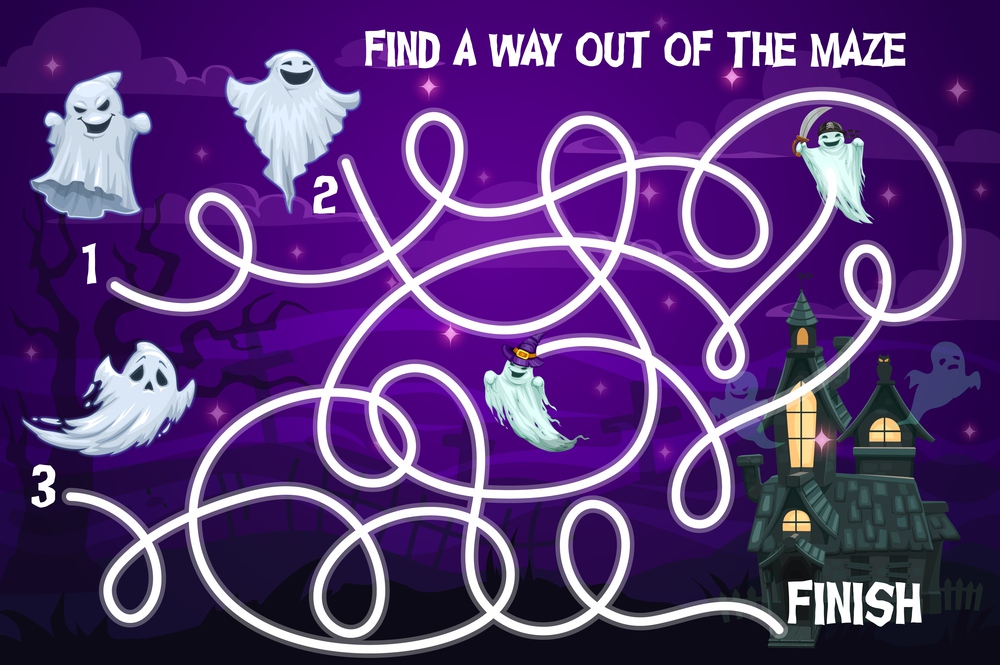 Halloween kids labyrinth maze game with funny ghosts. Vector puzzle help spooky characters find way to haunted castle at night. Children board game, task with tangled path, education preschool riddle. Halloween kids labyrinth maze game with ghosts