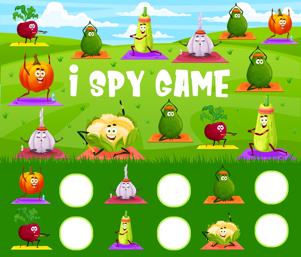 I spy game, cartoon vegetables on yoga or pilates fitness, vector kids tabletop puzzle. Find and match correct carrot, tomato and pepper on yoga mat and garlic in meditation, board game riddle. I spy game, cartoon vegetables on yoga fitness