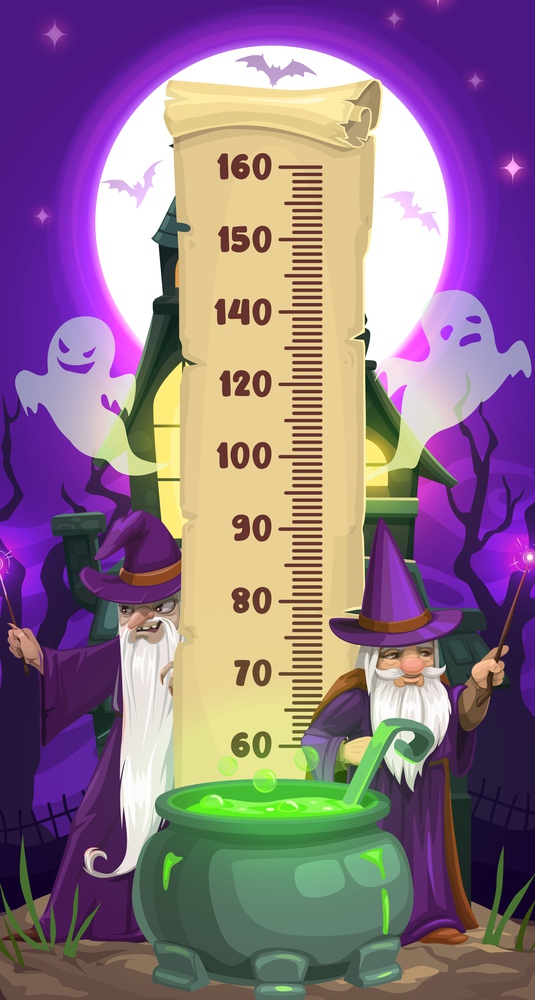 Halloween kids height chart with cartoon wizards and ghosts. Vector growth measure meter sticker with ruler scale on parchment scroll, scary magicians, bats and ghosts, haunted house, potion cauldron. Halloween kids height chart with wizards, ghosts
