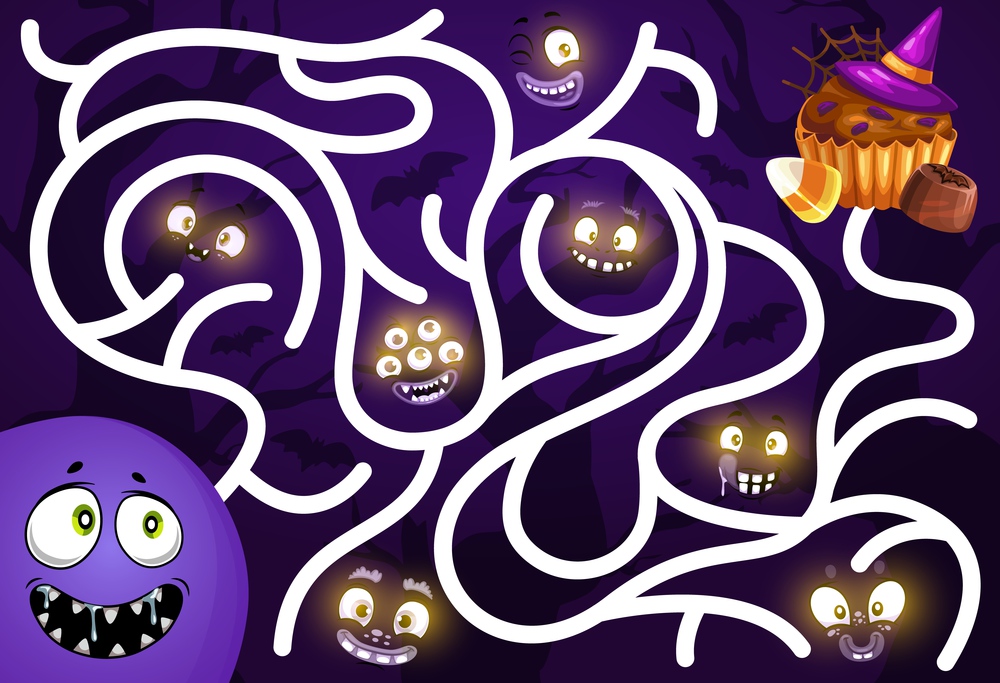 Kids find way game with halloween monsters smiling faces and sweets. Children search path playing activity, labyrinth with cartoon vector glowing in darkness creepy creature eyes, muffin and candy. Kids find way game with creepy halloween monsters