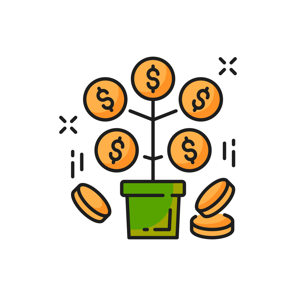 Financial investments and savings, money tree color line icon. Vector pension and retirement revenue. Branches with golden coins, growing up financial plant with dollar signs. Wealth and abundance. Money tree with golden coins isolated line icon
