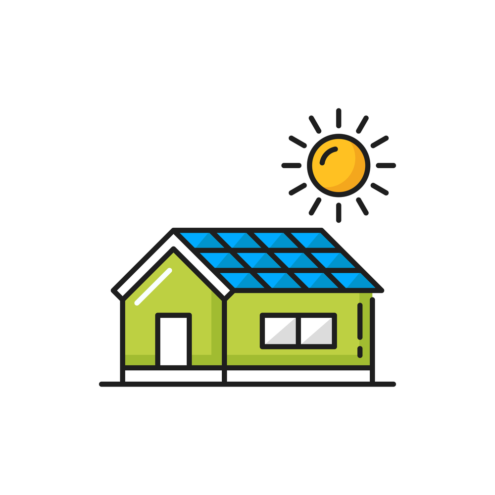 Solar panels on house, renewable energy sun power isolated color thin line icon. Vector modern architecture, environmentally friendly cottage. Green home with sun energy source, eco friendly building. House renewable alternative energy solar batteries