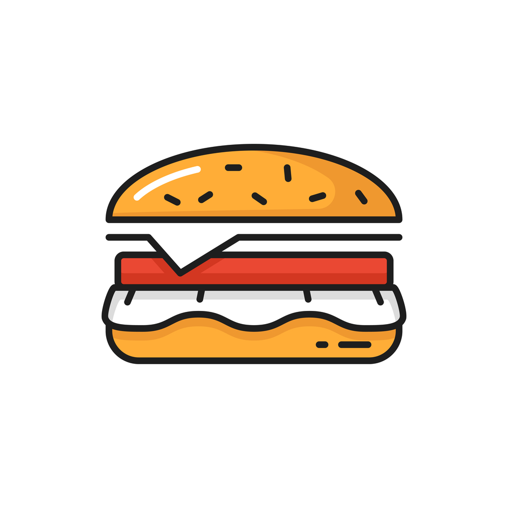 Hamburger fastfood snack food delivery icon isolated. Vector cheeseburger or tasty burger with chopped meat, cheese and veggies. Takeout takeaway street food delivery, hamburgers online order. Cheeseburger fastfood snack isolated tasty burger