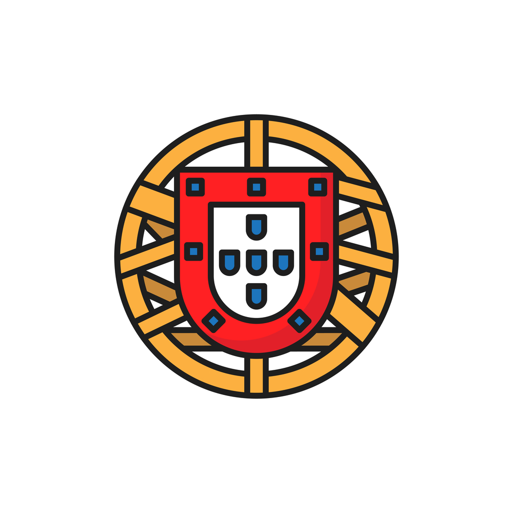 Portugal coat of arm isolated national flag emblem isolated. Vector Portuguese shield, group of five, lesser of Portugal round sign. European country symbol, independence day patriotic holidays label. Portuguese shield isolated coat of arm of Portugal