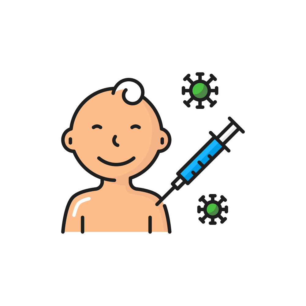 Covid-19 virus children vaccination, shot in human child shoulder isolated color line icon. Vector antiviral injection to young person at hospital. Vaccinating baby, syringe with coronavirus vaccine. Child baby coronavirus vaccination color line icon