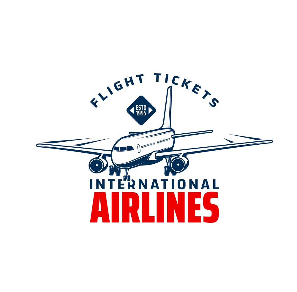 Airlines passenger flight icon. Air transportation and logistics, passenger flights tickets, international airline and aviation travel vector retro emblem or icon with flying airliner, plane aircraft. Airlines plane flight vector vintage icon, emblem