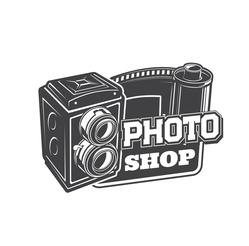 Photo camera shop icon. Photography studio or atelier, vintage photo equipment store monochrome vector emblem or icon with classic old medium format waist-level viewfinder camera and film roll. Photo camera shop, atelier monochrome vector icon