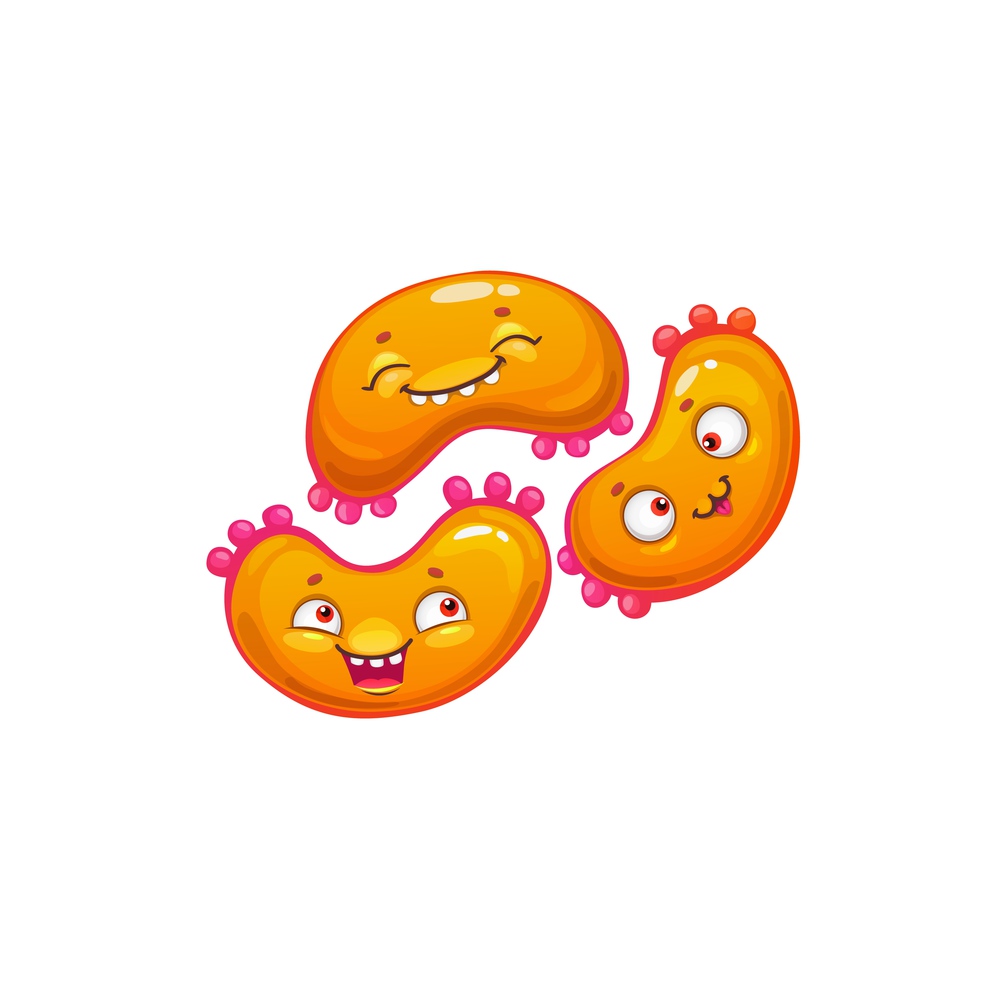 Cartoon virus cell vector icon, cute triple bacteria with happy faces, funny germ character. Smiling pathogen microbe mascot or emoticon, isolated micro organism symbol. Cartoon virus cell vector icon, triple bacteria