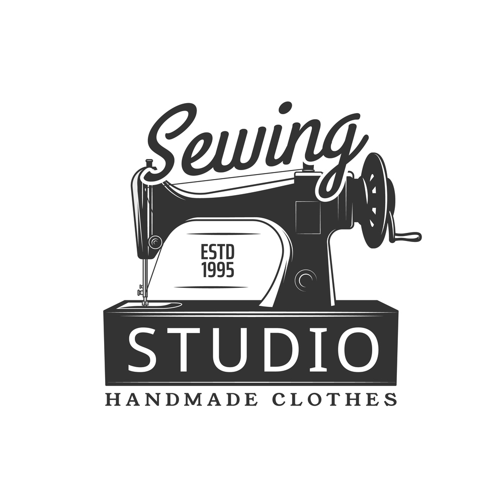Sewing machine icon, tailor shop or dressmaker atelier studio vector emblem. Vintage retro sewing machine with thread and spool, handmade clothes tailoring, seamstress and handicraft workshop. Sewing machine icon, tailoring salon or atelier