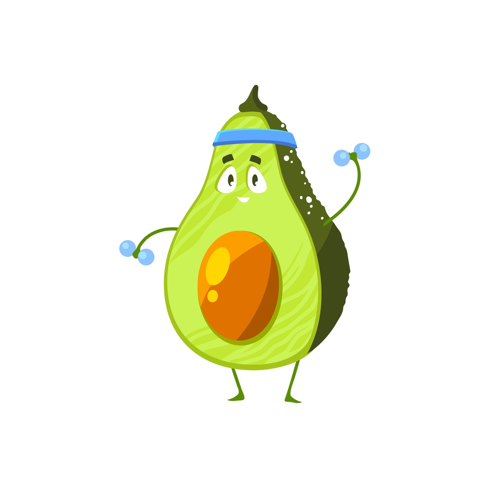 Cartoon avocado sportsman vector icon, funny vegetable character workout with dumbbells sport exercises isolated on white background. Healthy exotic food, sports lifestyle, organic nutrition symbol. Cartoon exotic avocado sportsman vector icon.