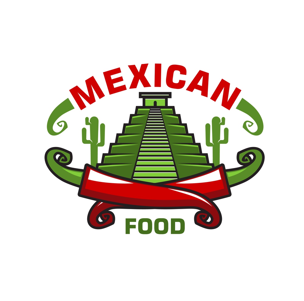 Mexican cuisine food icon with Aztecs or Maya ancient pyramid, cactus plant and crossed hot chili peppers. Mexican restaurant vector emblem or icon with Mesoamerican culture symbols. Mexican cuisine icon with Mesoamerican pyramid