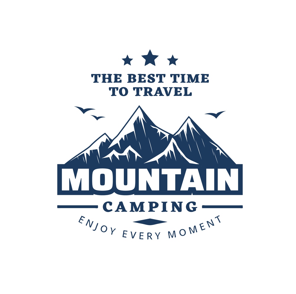 Mountain camping icon. Travel, trekking and hiking tourism in mountains monochrome vector emblem, label or retro icon with typography and birds flying over mountain snowy range peaks. Mountain camping, hiking tourism vector icon