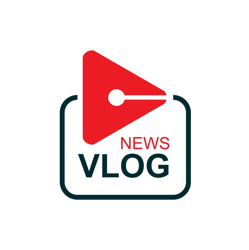 Vlog icon. TV broadcast and live stream service, social network graphic vector, emblem or simple label. Online video blog or news channel icon with video player red play button. Vlog, TV broadcast and live stream vector icon