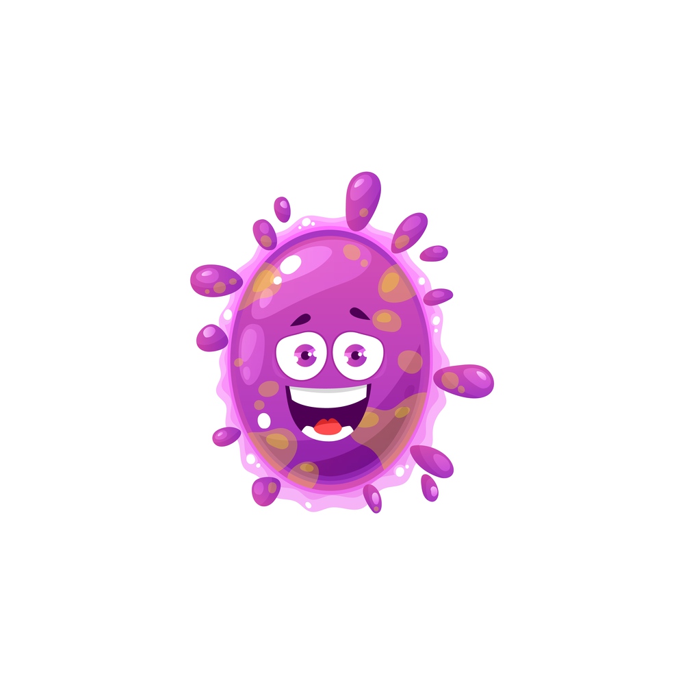 Cartoon virus cell vector icon, cute purple bacteria, happy laughing germ character with funny face and pimples. Smiling pathogen microbe with big eyes, isolated micro organism symbol. Cartoon virus cell vector icon, purple bacteria