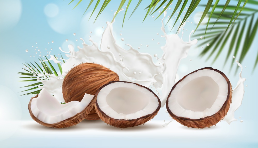 Coconut milk splash and palm leaves, vector bokeh background. Cracked coconut nuts on milk splash with tropical exotic blue bokeh background for food sweets, spa cosmetics or cream packaging. Coconut milk splash and palm leaves background