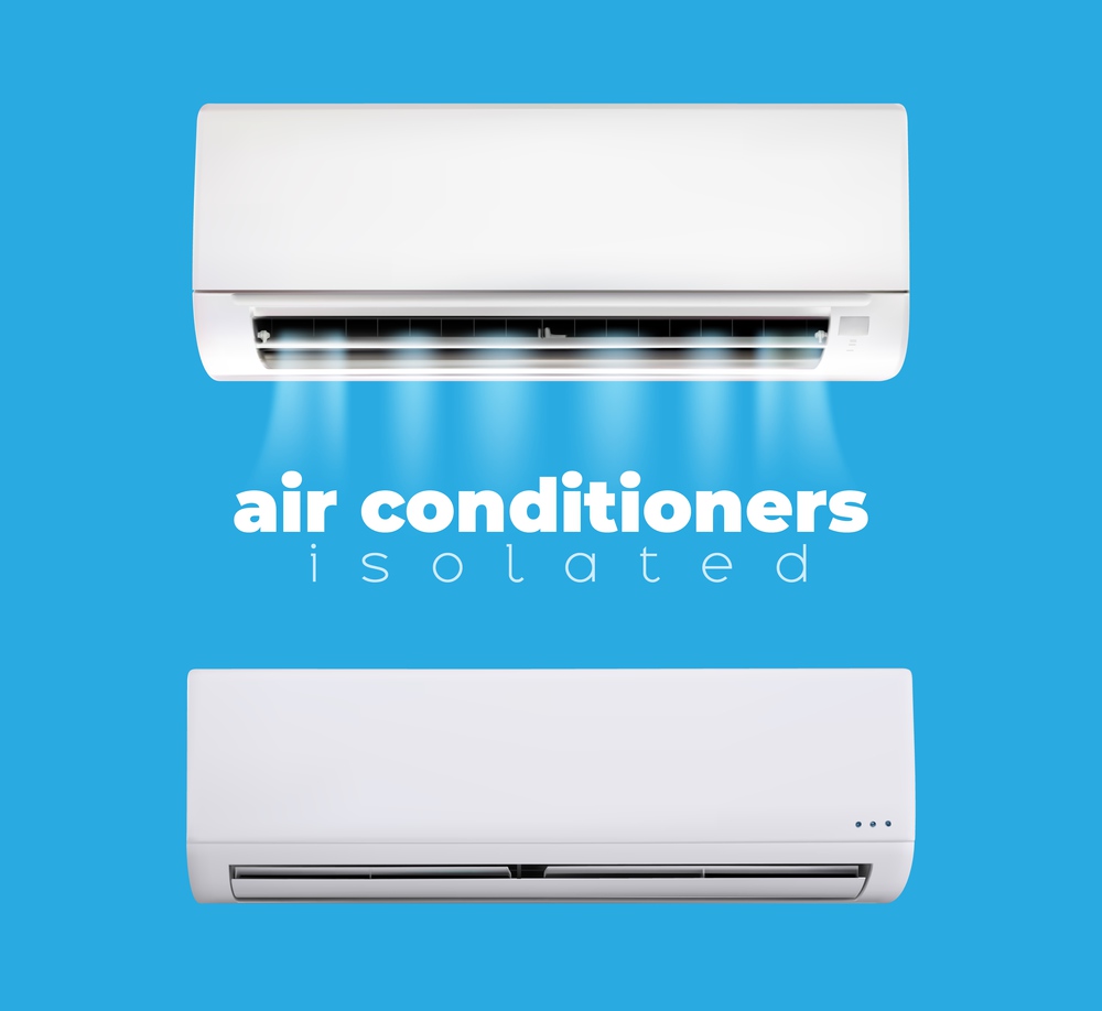 Air conditioner. Climate control, cooling and ventilation technology, cold wind flow. Vector home conditioning system device for maintaining comfortable temperature. Isolated realistic 3d conditioner. Air conditioner. Climate control and ventilation