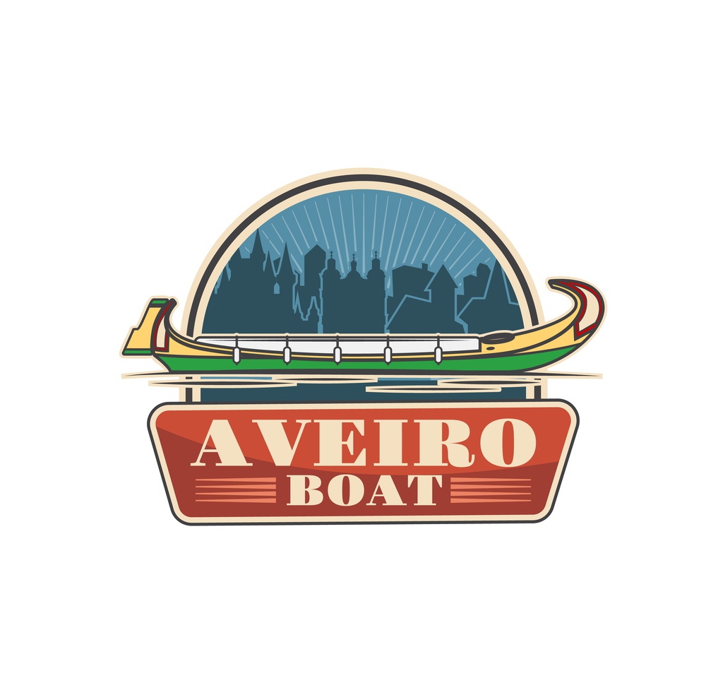 Aveiro Portugal boat travel icon. Europe city tour, portugal water trip, boat ride or excursion vintage vector emblem, badge or icon with Moliceiro boat on river, medieval buildings silhouette. Aveiro Portugal Moliceiro boat travel icon