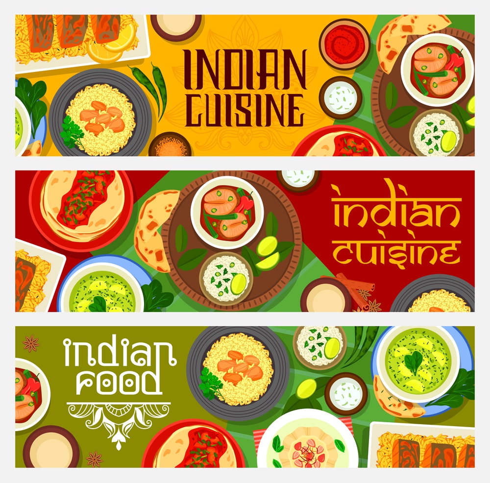 Indian cuisine food with spice dishes, dessert vector banners. Fish curry with rice, vegetables, dosa bread and tomato chutney sauce, meat pilaf, spinach palak paneer, kulfi ice cream, bombay potato. Indian cuisine food banners, spice dishes, dessert