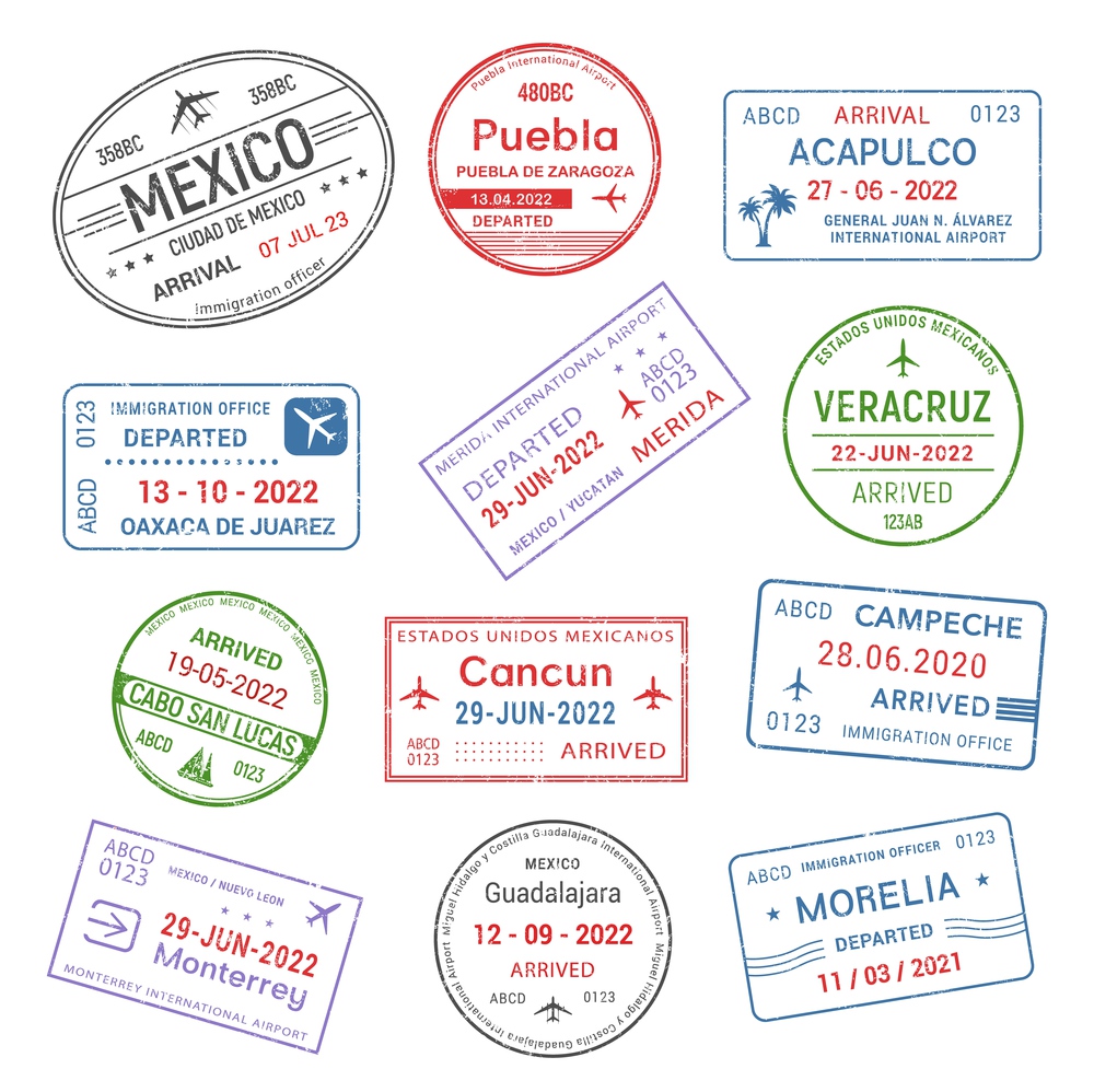 Passport travel stamps, Mexico airport visa arrival to Mexican cities, vector signs. International destinations and Mexico travel stamps of Acapulco, Cancun and Veracruz or Monterrey and Guadalajara. Passport travel stamps, Mexican city airport visa