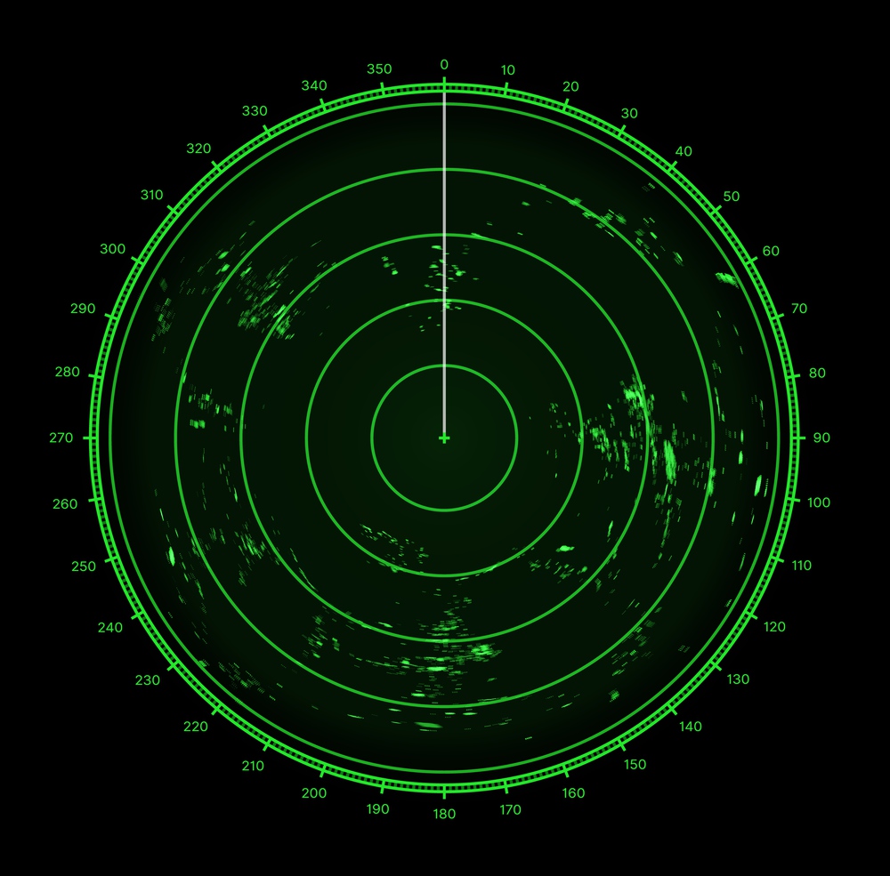 Ship radar or sonar screen, military target and aim scan circle, vector digital HUD technology. Ship sonar or signal radar scanner with location map monitor, submarine detection radar display. Ship radar, sonar screen, military target aim scan