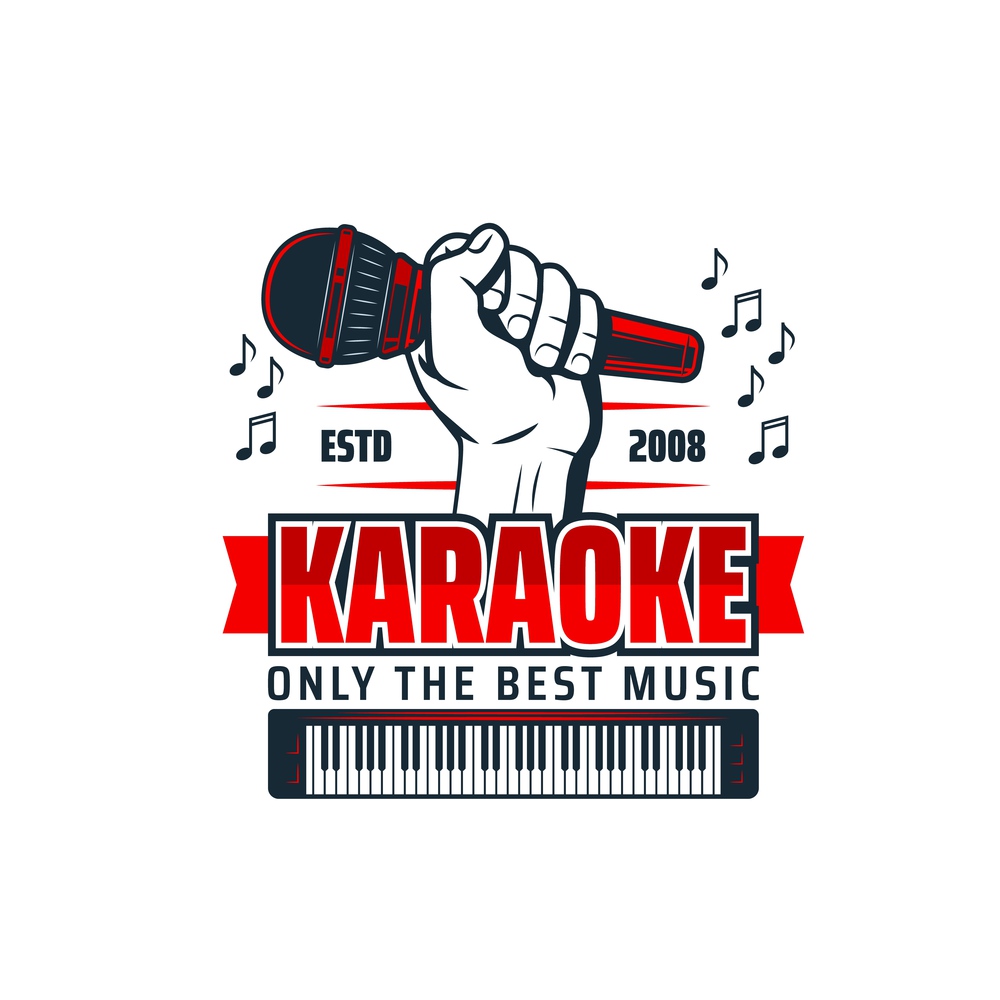 Karaoke music vector icon of microphone in hand, piano keyboard and musical note isolated symbols. Night club karaoke party, singer competition and entertainment show icon. Karaoke music icon, microphone in hand and notes