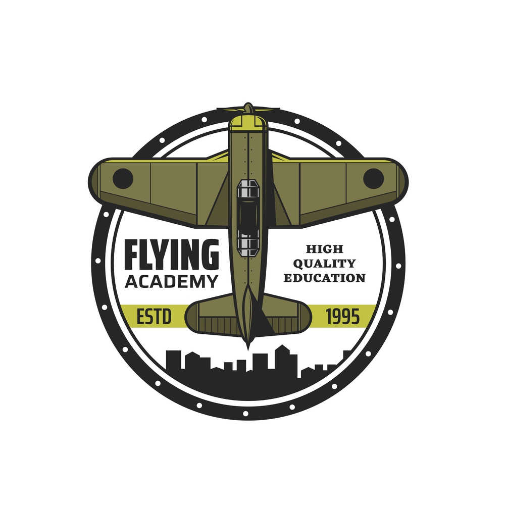 Flying academy isolated vector icon with vintage plane, airplane or propeller biplane. Education of airline pilots, flight school, training or courses round symbol with retro aircraft and city skyline. Flying academy icon with vintage plane or airplane