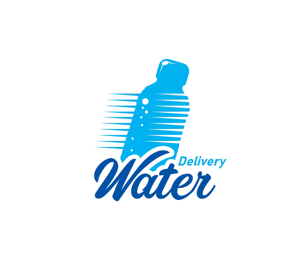 Water delivery icon. Clean mineral water distribution sign, clean drinking bottled water fast delivery service vector icon or emblem with moving fast plastic disposable bottle. Clear water delivery service blue icon