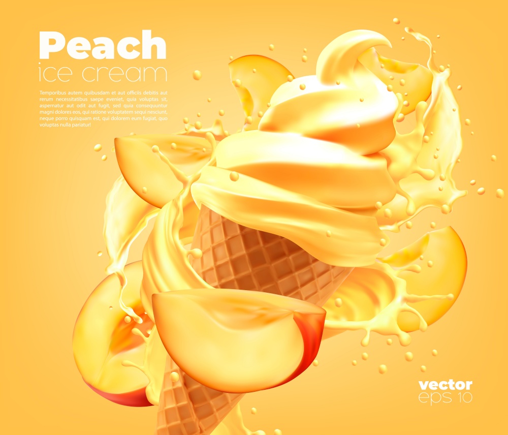 Peach soft ice cream cone with splash on background, vector ad poster. Icecream package with 3d melon fruit and gelato ice cream twist swirl in wafer cup, realistic milk dairy product. Peach soft ice cream cone with splash background