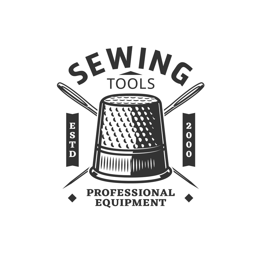 Sewing icon with thimble and crossed needles. Vector sewing tools for needlework or embroidery craft, dressmaking or tailoring, tailor shop, fashion designer or seamstress workshop isolated symbol. Sewing icon with thimble and crossed needles