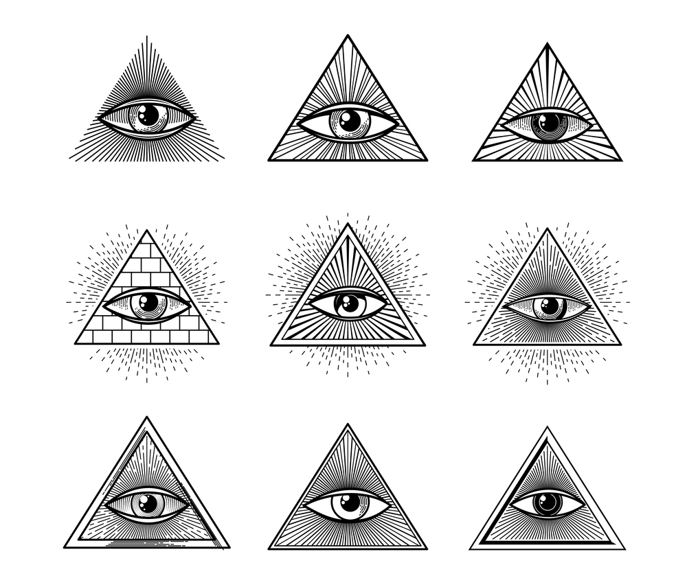 Providence illuminati eye in pyramid triangle, occult and esoteric vector symbol. Freemason illuminati all seeing eye, magic sign of alchemy and mason conspiracy secret, occult religion amulet. Providence illuminati eye, occult esoteric pyramid