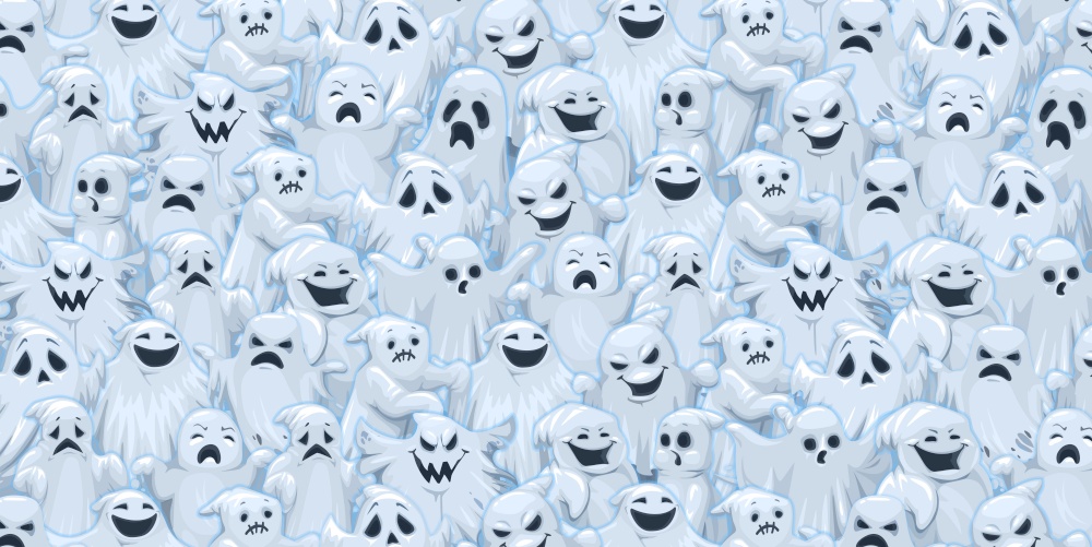 Halloween ghost characters pattern background. Autumn holiday backdrop, Halloween celebration vector pattern or wallpaper with scary and spooky spirits, evil and smiling cemetery ghosts personages. Halloween ghost characters pattern background