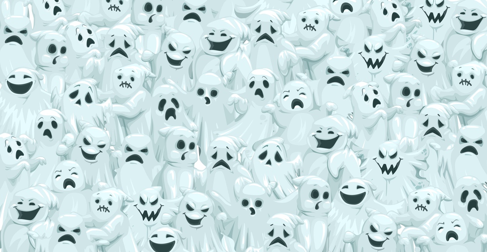 Cartoon Halloween ghosts panorama pattern. Evil and scary, spooky, smiling and cute cemetery ghosts or spirits monster characters,on vector backdrop, Halloween creepy background or pattern. Cartoon Halloween ghosts faces panorama pattern